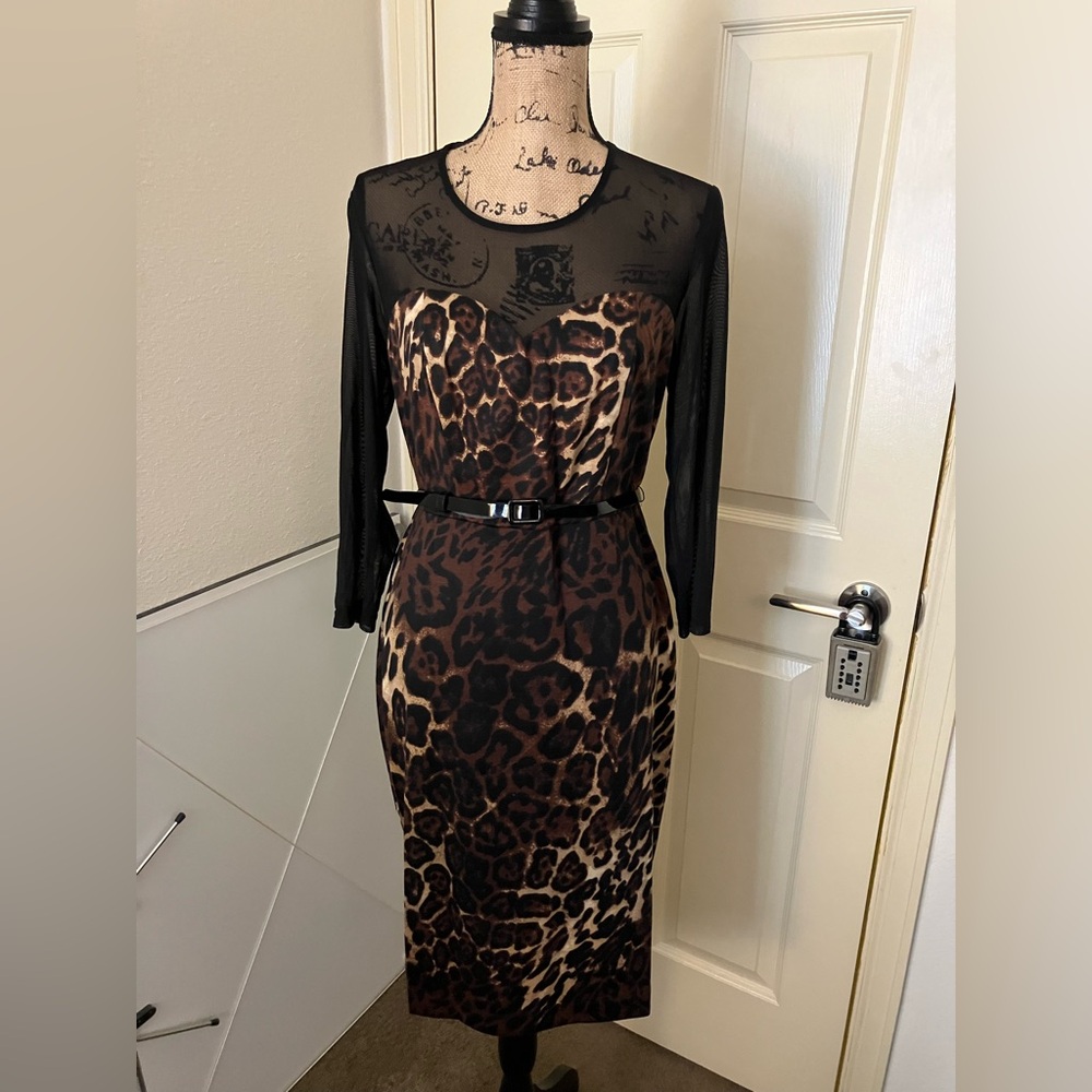 Stiletto’s Leopard Print Black Mesh neckline sleeves belted sexy Dress XL